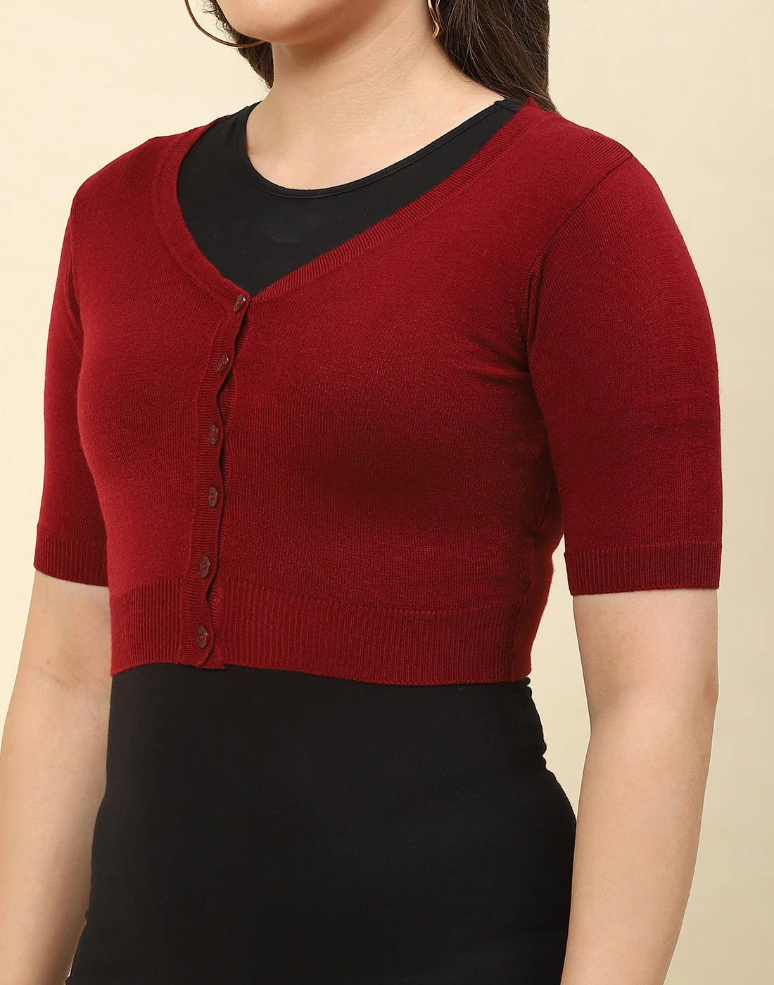 Women Maroon Solid V Neck Half Sleeve Blouse - Image 6