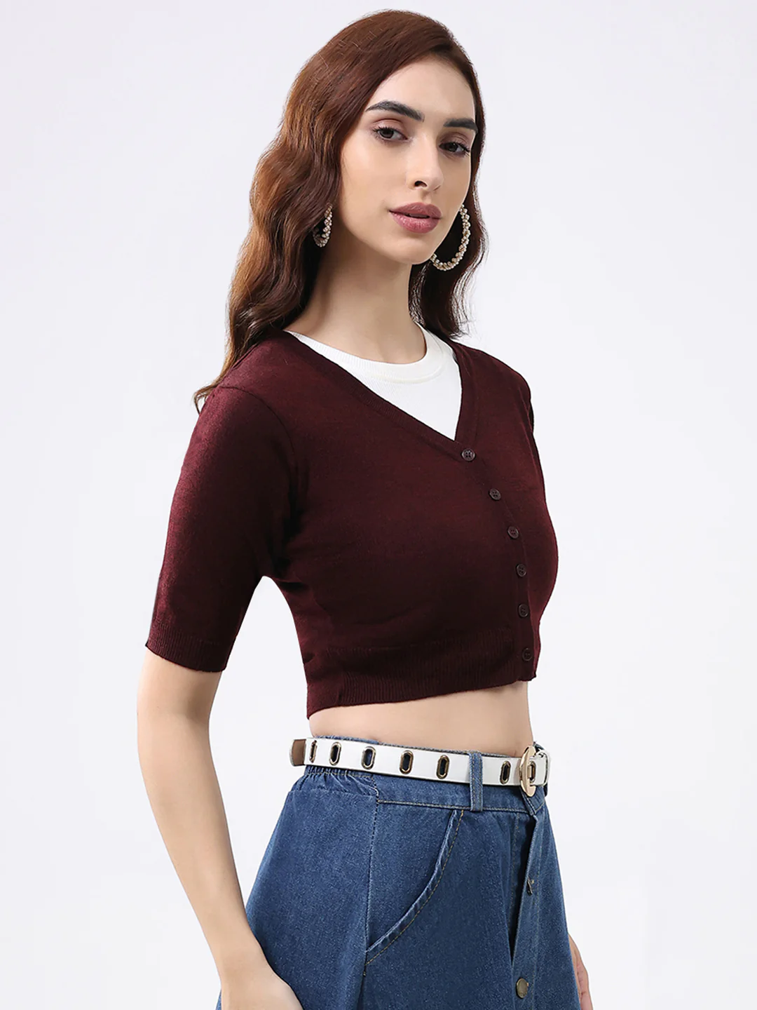 Women Maroon Solid V Neck Half Sleeve Cardigan - Image 4