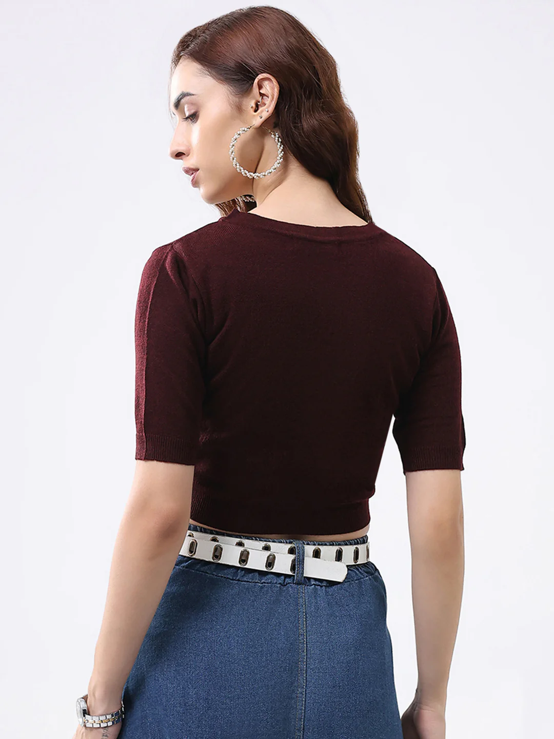 Women Maroon Solid V Neck Half Sleeve Cardigan - Image 5