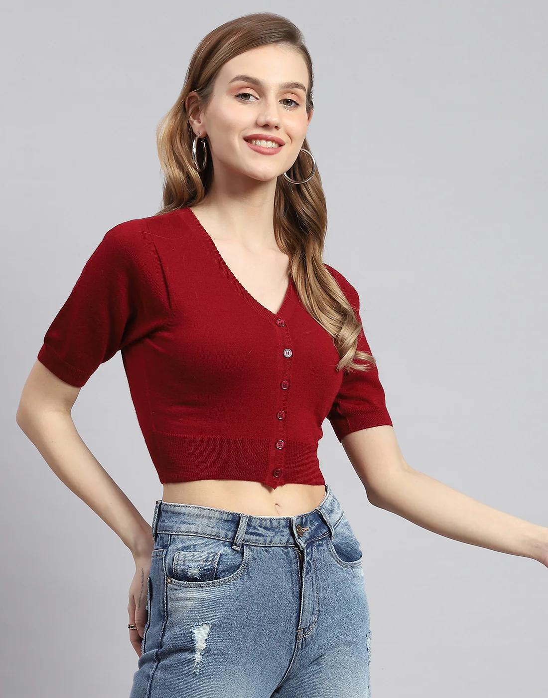 Women Maroon Solid V Neck Half Sleeve Sweater - Image 4