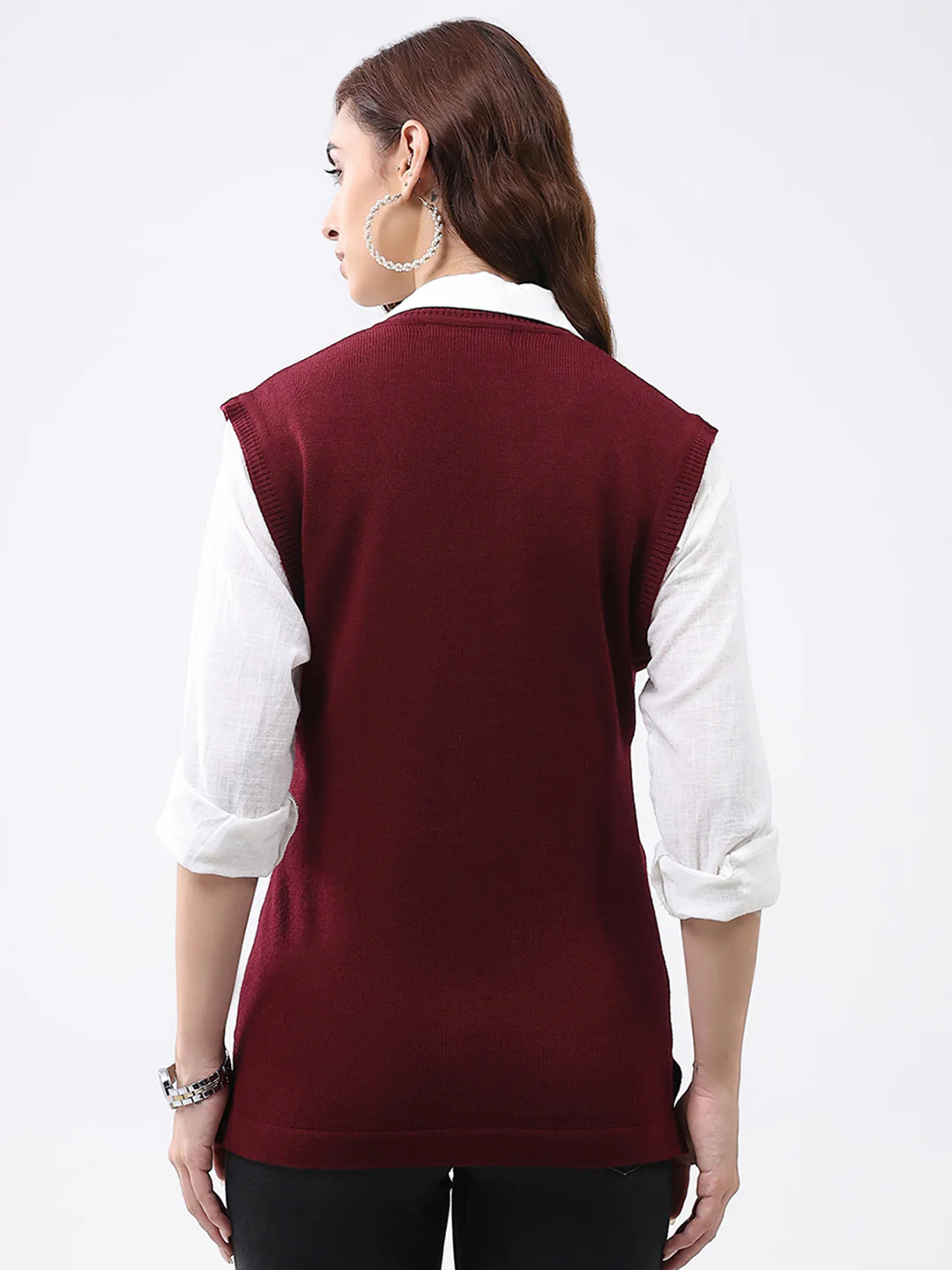 Women Maroon Solid V Neck Sleeveless Cardigan - Image 5
