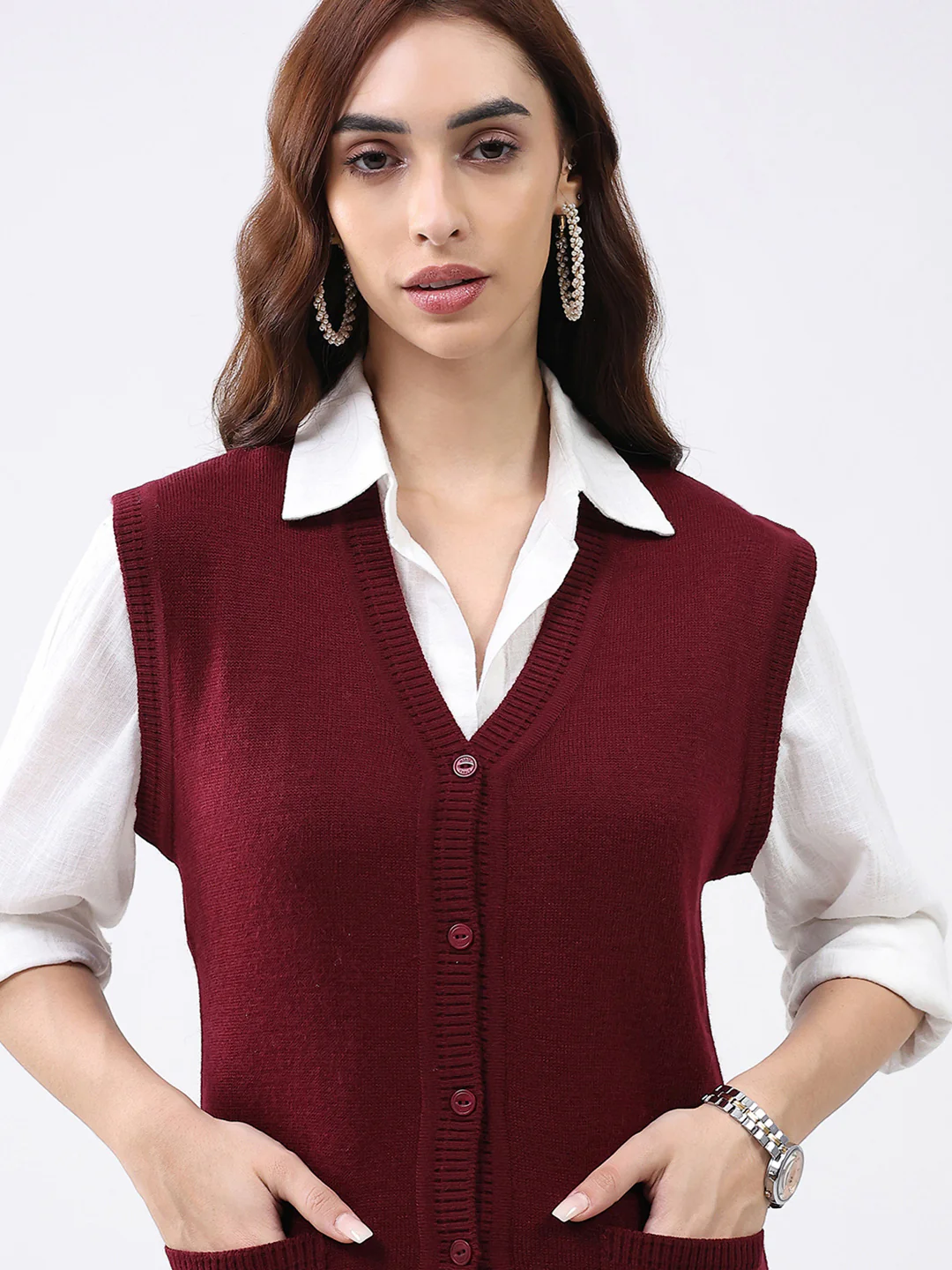 Women Maroon Solid V Neck Sleeveless Cardigan - Image 7