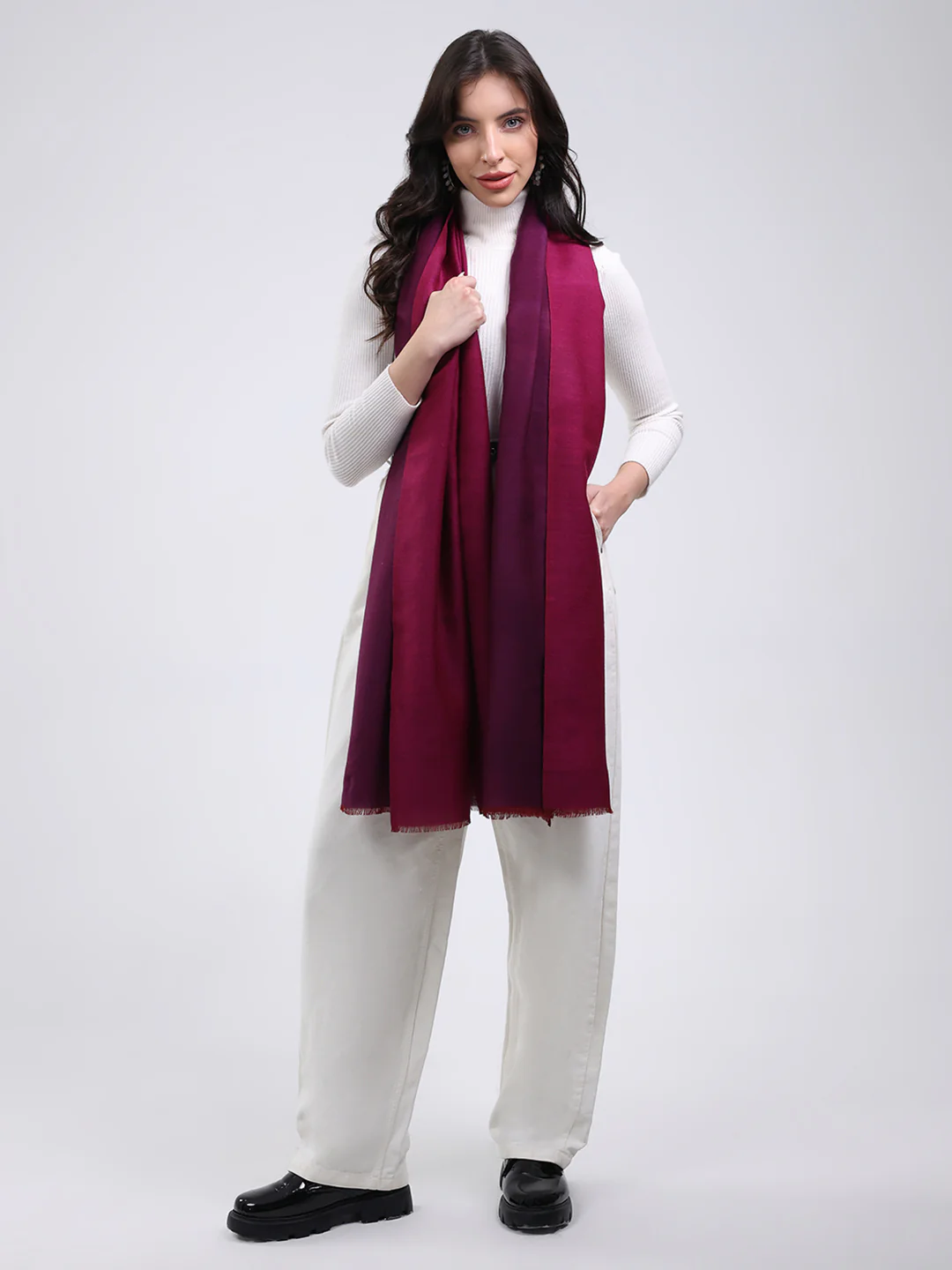 Women Maroon Solid Wool Blend Stole - Image 5
