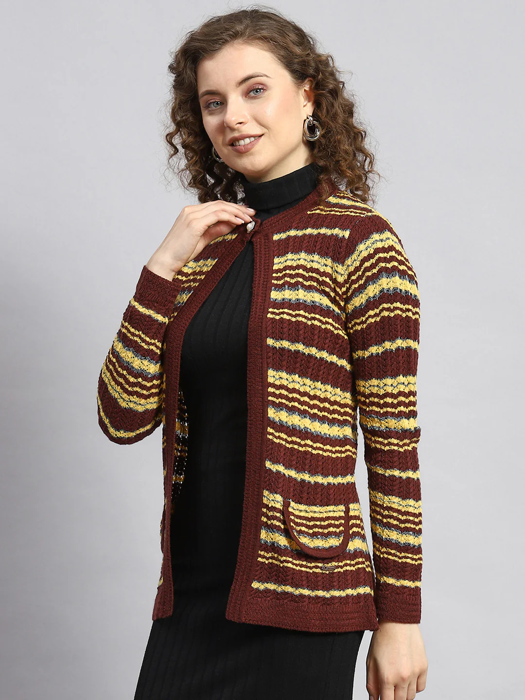 Women Maroon Stripe Cardigan - Image 4