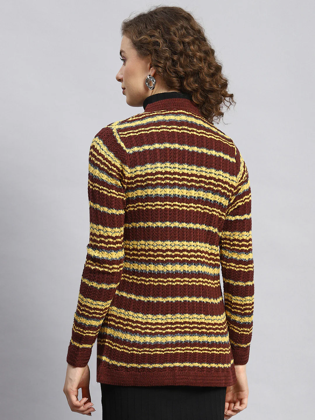 Women Maroon Stripe Cardigan - Image 5