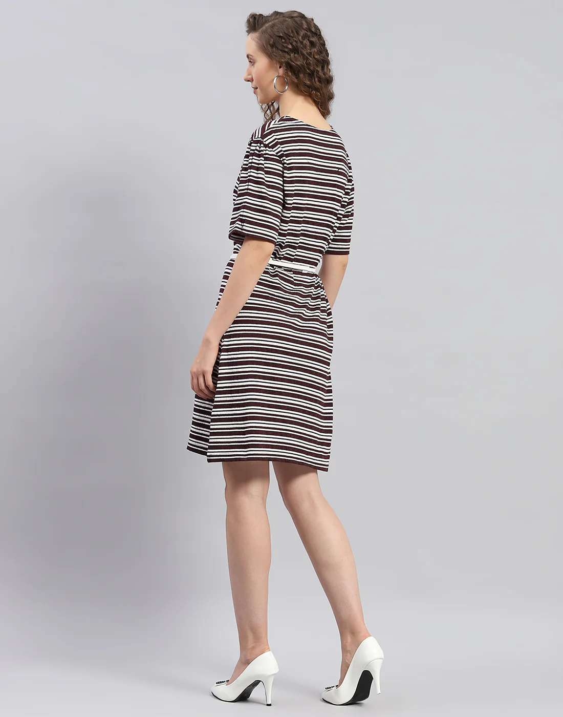Women Maroon Stripe Round Neck 3/4 Sleeve Dress - Image 6