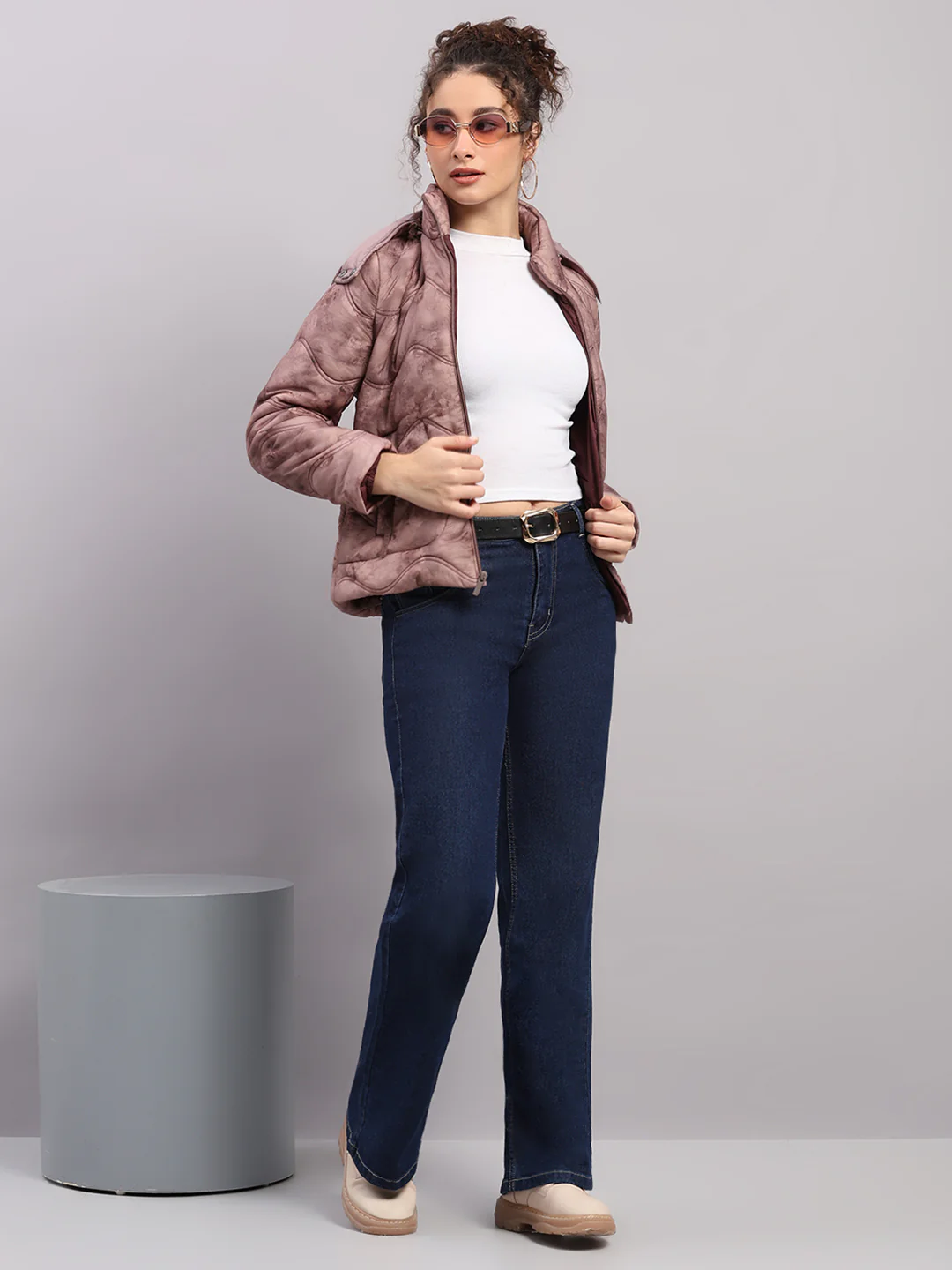 Women Mauve Printed Hooded Full Sleeve Jacket - Image 2