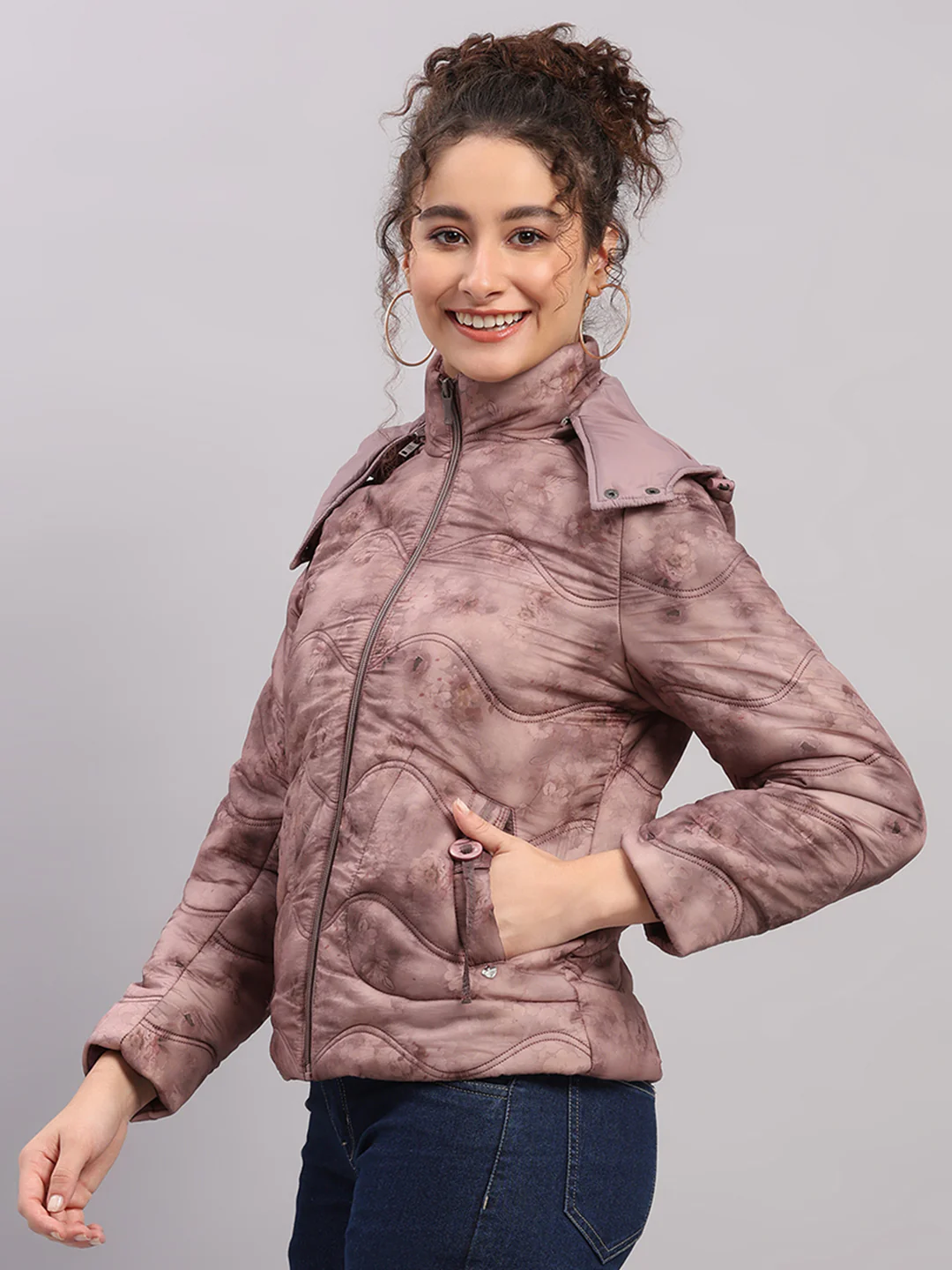 Women Mauve Printed Hooded Full Sleeve Jacket - Image 3