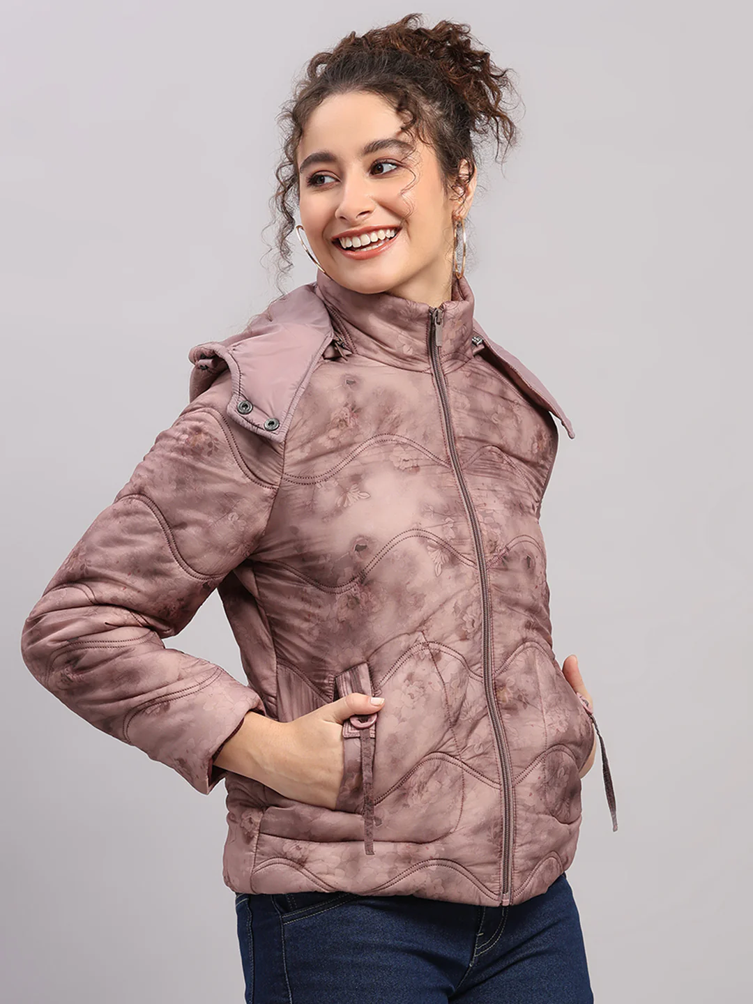 Women Mauve Printed Hooded Full Sleeve Jacket - Image 4
