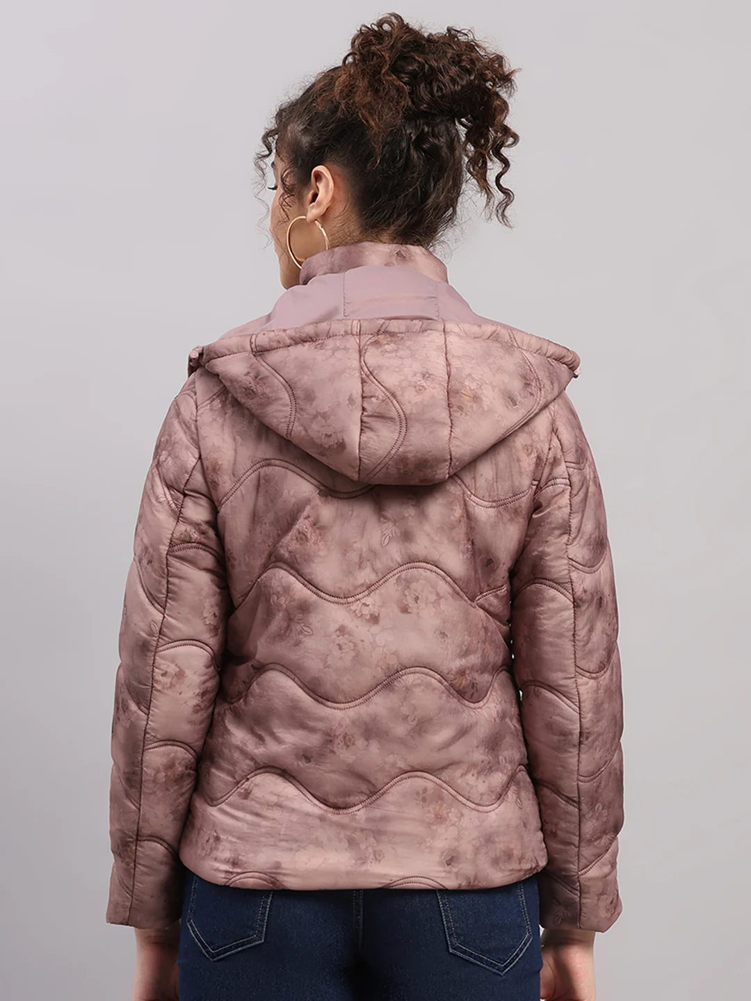 Women Mauve Printed Hooded Full Sleeve Jacket - Image 5