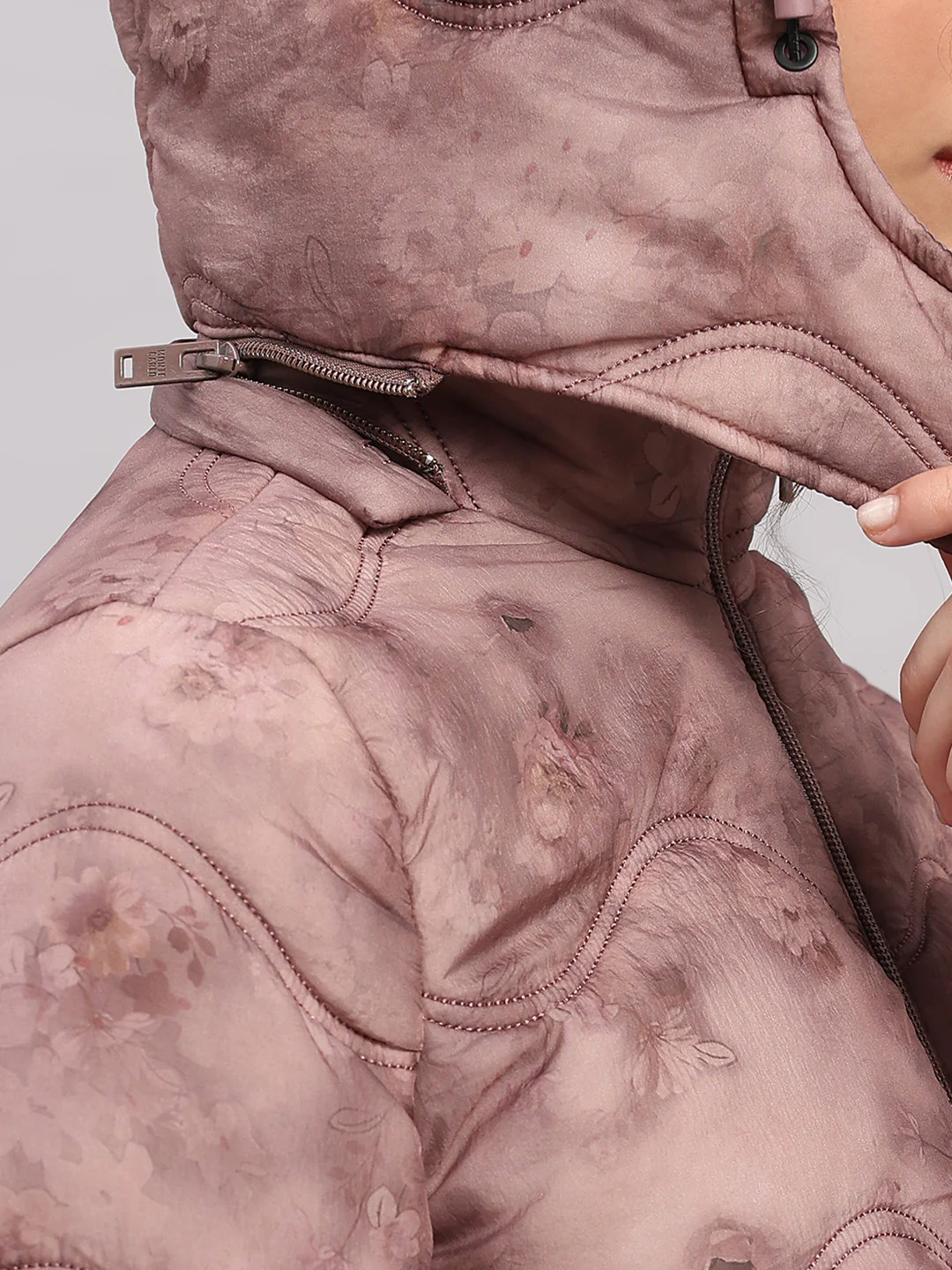 Women Mauve Printed Hooded Full Sleeve Jacket - Image 8