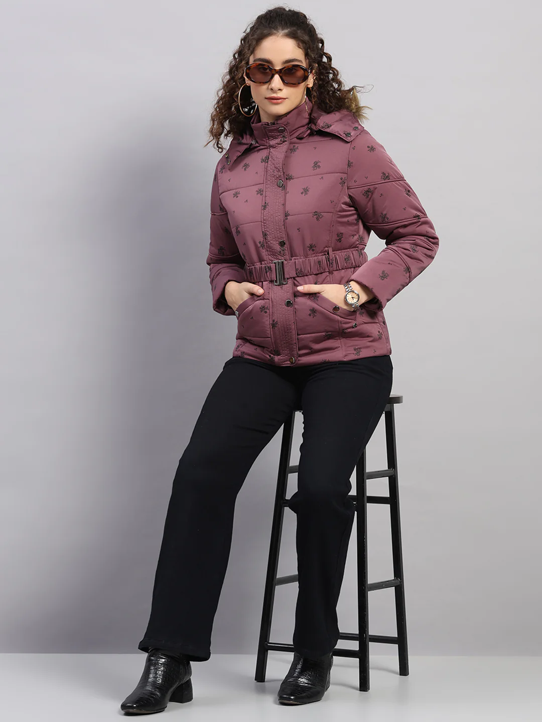 Women Mauve Printed Hooded Full Sleeve Jacket - Image 2