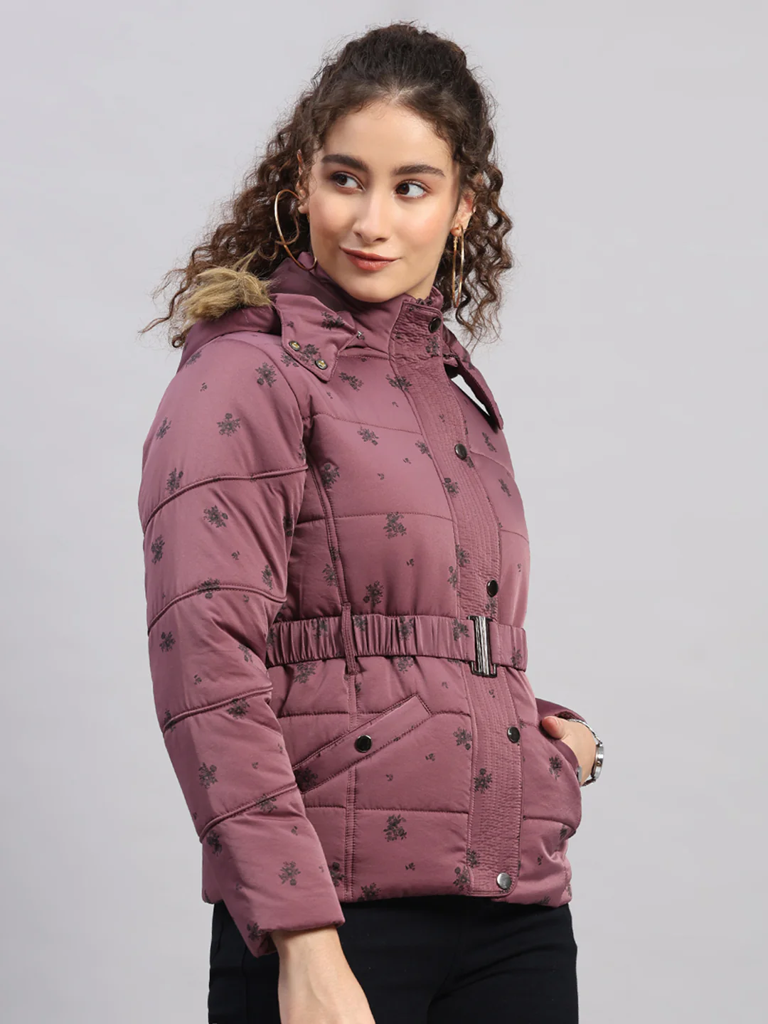 Women Mauve Printed Hooded Full Sleeve Jacket - Image 4