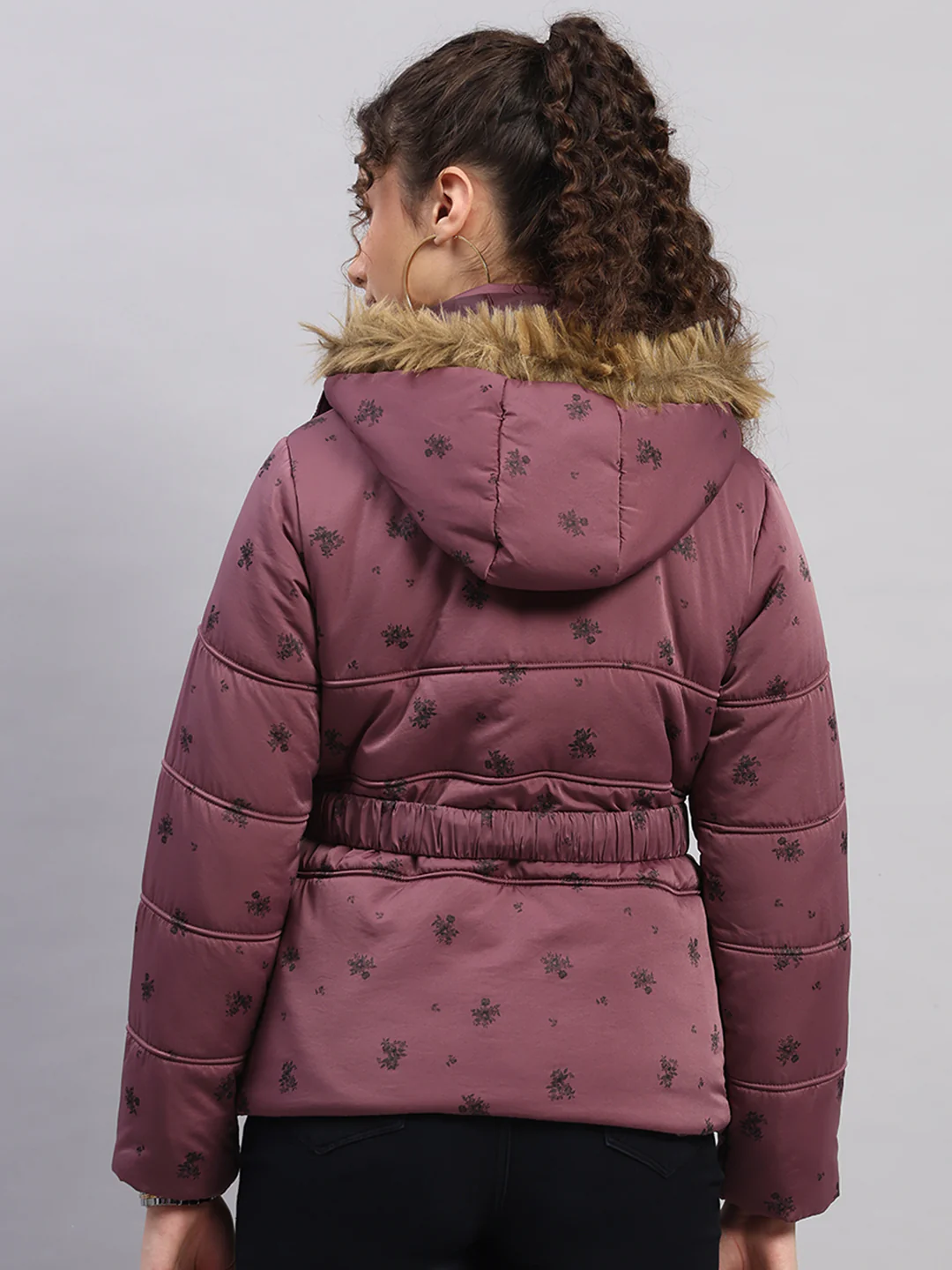 Women Mauve Printed Hooded Full Sleeve Jacket - Image 5