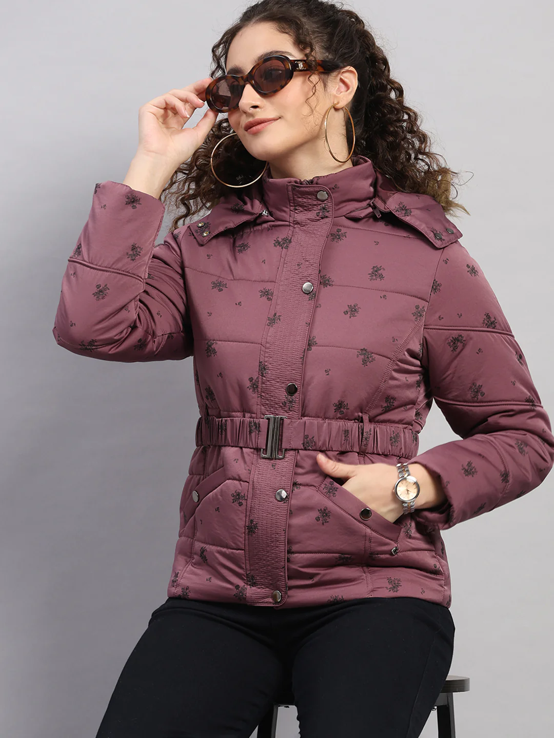 Women Mauve Printed Hooded Full Sleeve Jacket - Image 6