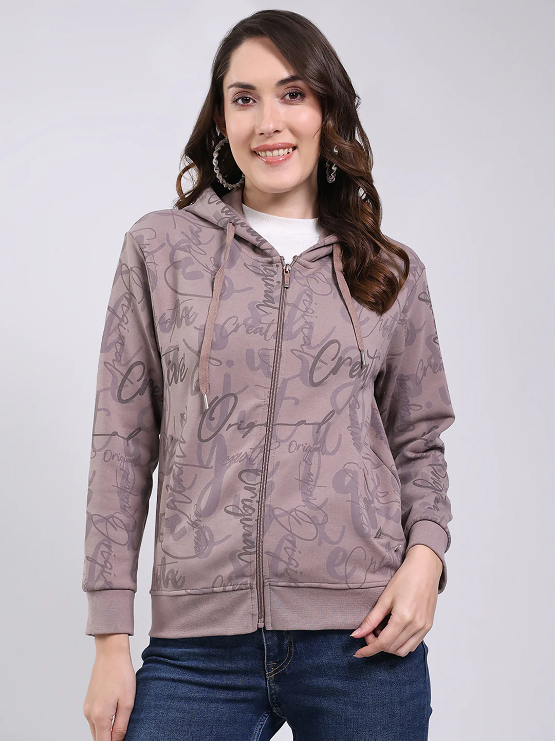 Women Mauve Printed Hooded Full Sleeve Sweatshirt