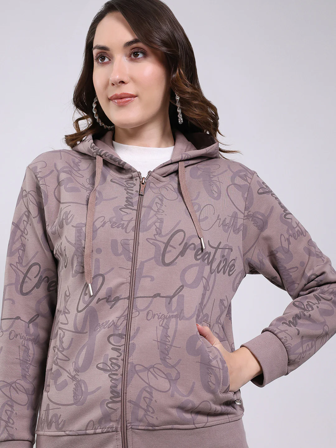 Women Mauve Printed Hooded Full Sleeve Sweatshirt - Image 6