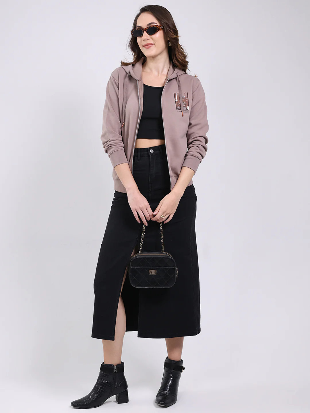 Women Mauve Printed Hooded Full Sleeve Sweatshirt - Image 2