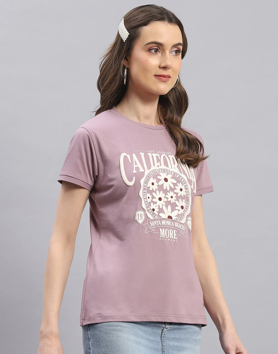 Women Mauve Printed Round Neck Half Sleeve Top - Image 4