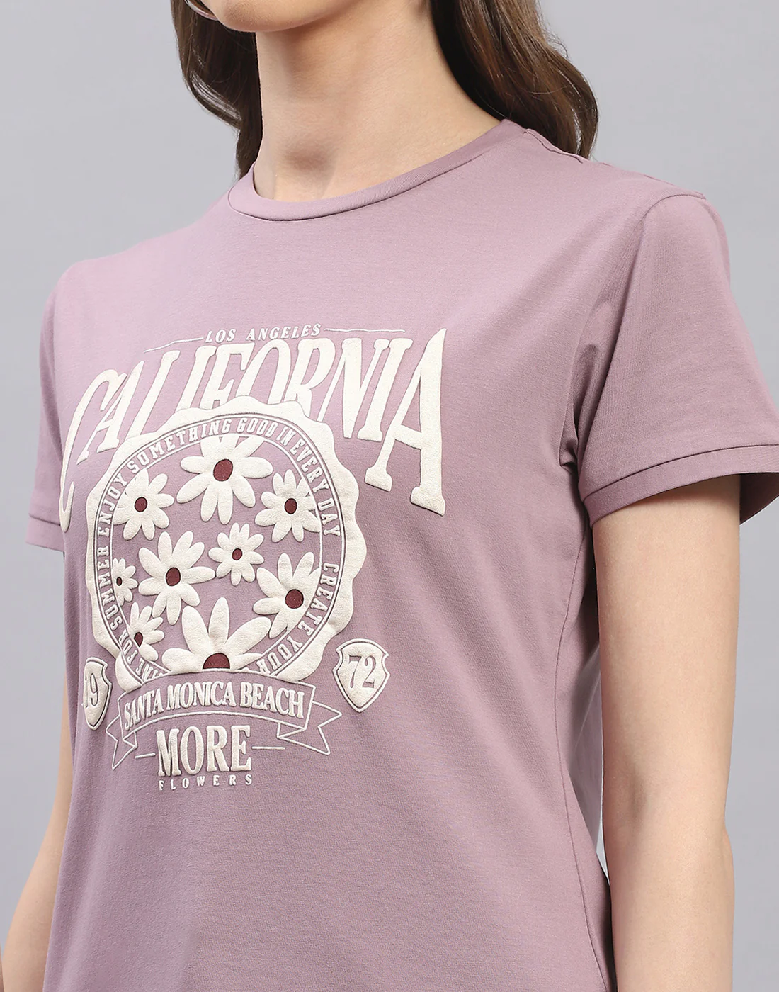 Women Mauve Printed Round Neck Half Sleeve Top - Image 6