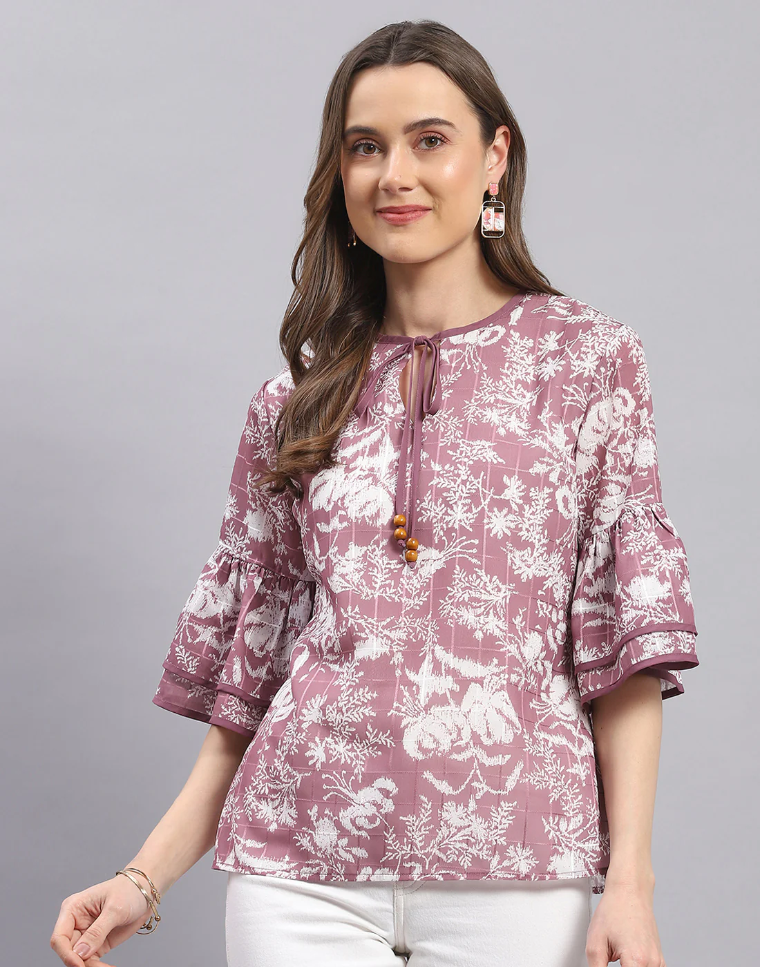 Women Mauve Printed Round Neck Half Sleeve Top - Image 2