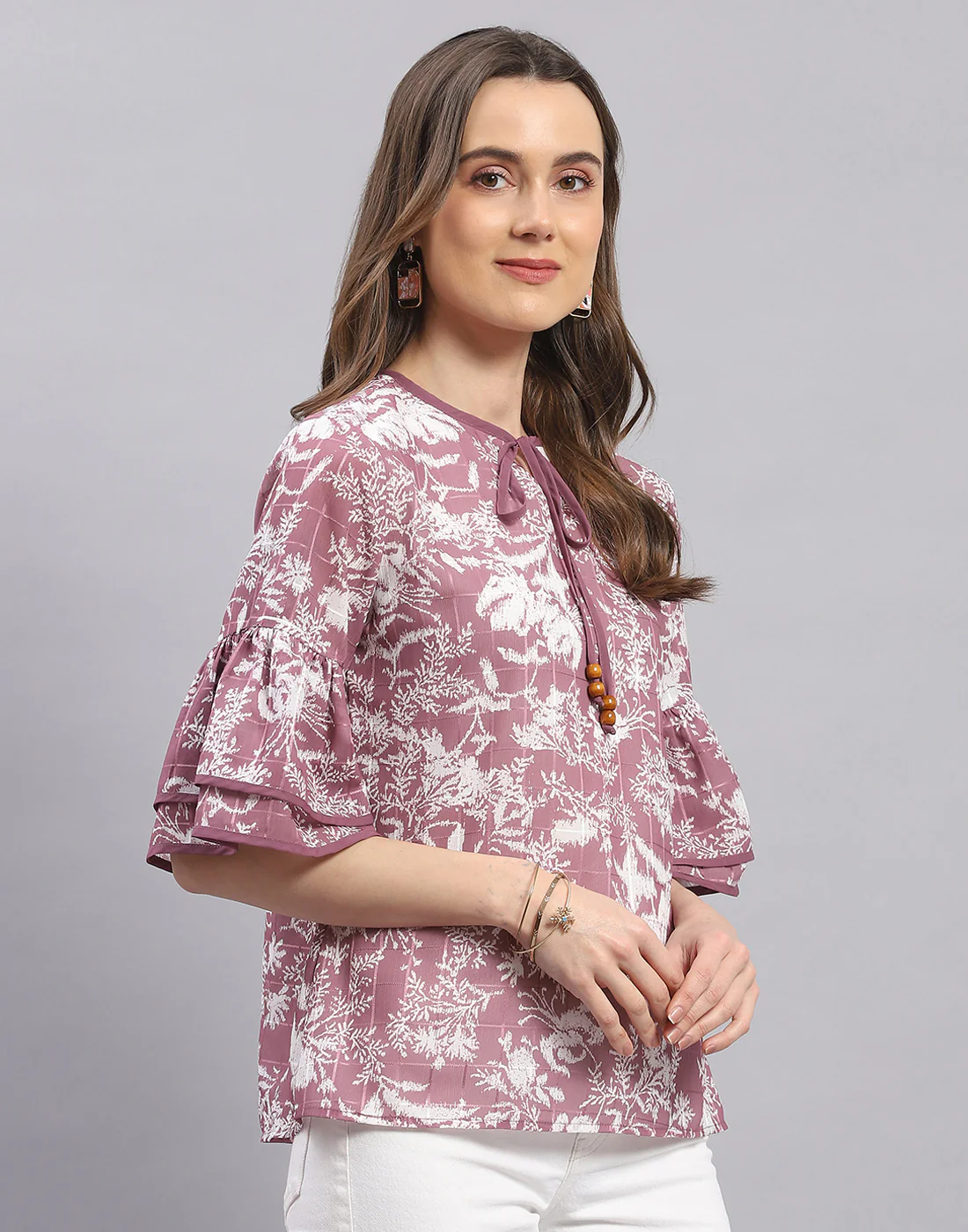Women Mauve Printed Round Neck Half Sleeve Top - Image 4