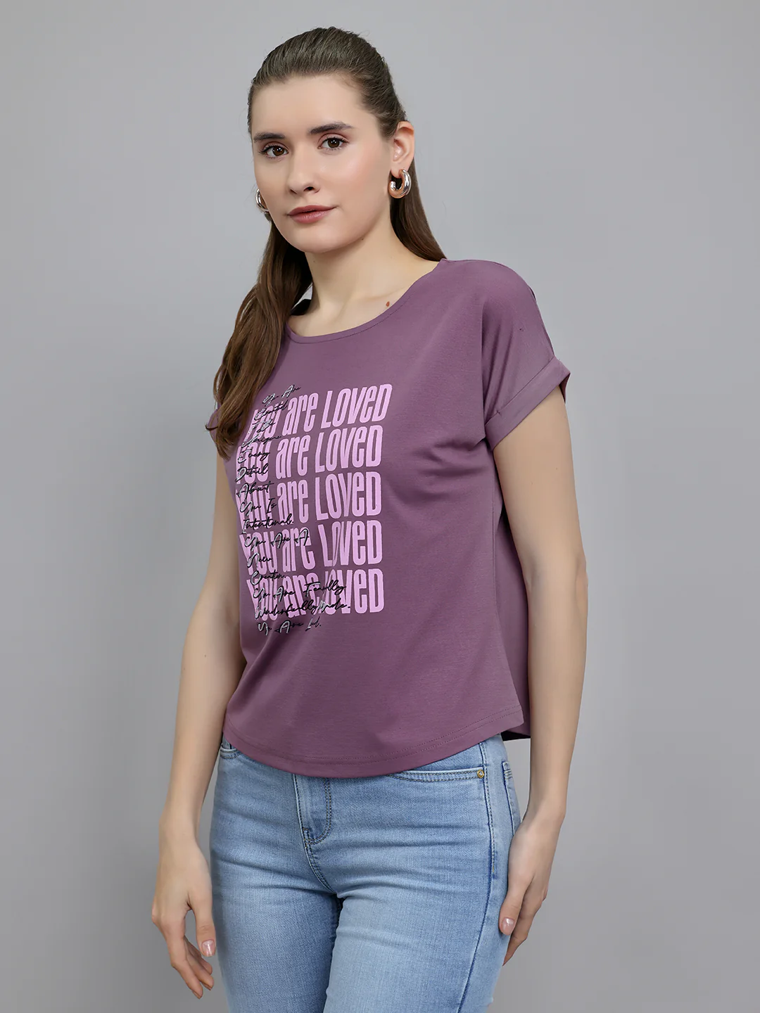 Women Mauve Printed Round Neck Half Sleeve Top - Image 2