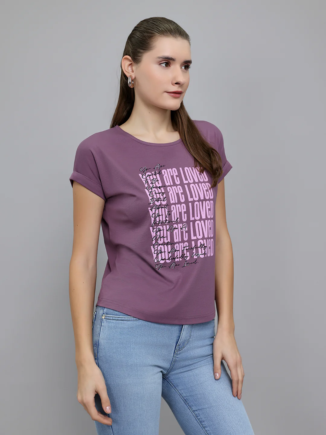 Women Mauve Printed Round Neck Half Sleeve Top - Image 3