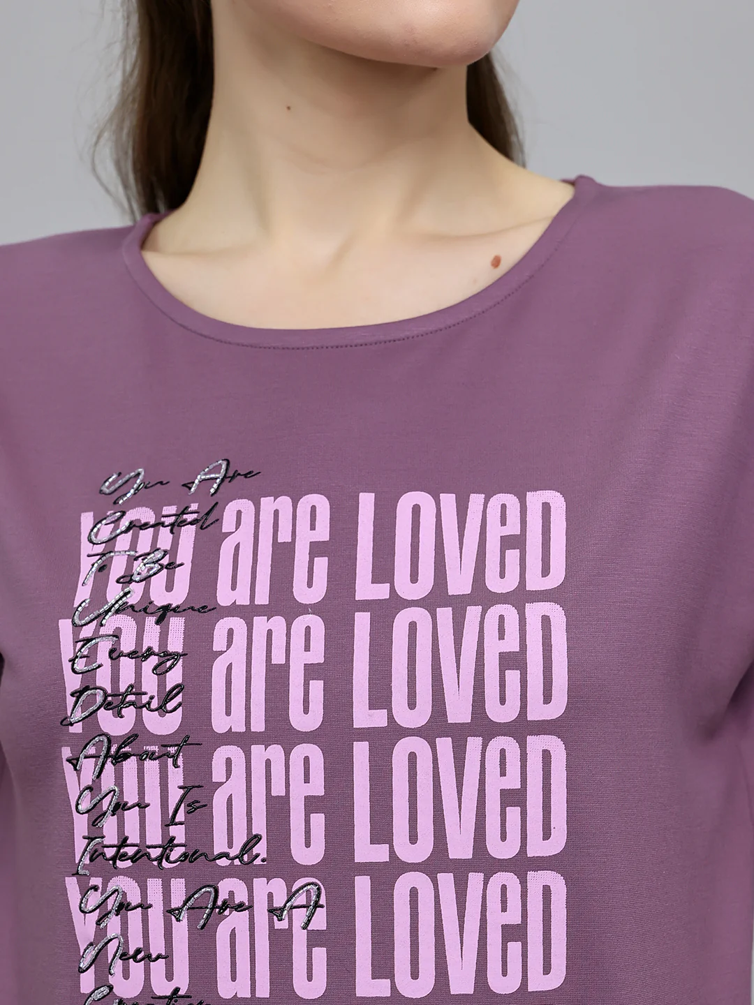Women Mauve Printed Round Neck Half Sleeve Top - Image 5