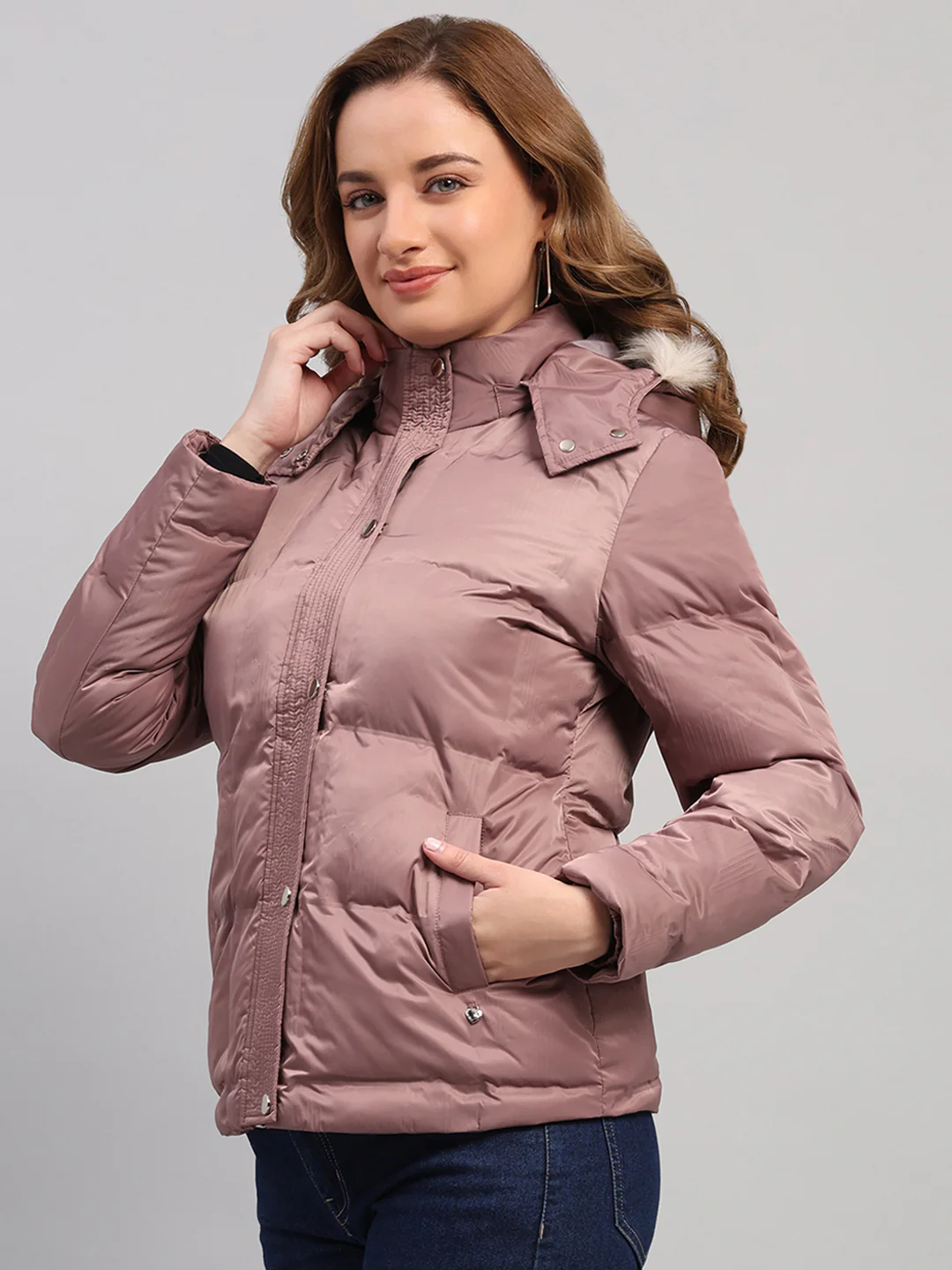 Women Mauve Self Design Hooded Full Sleeve Jacket - Image 3