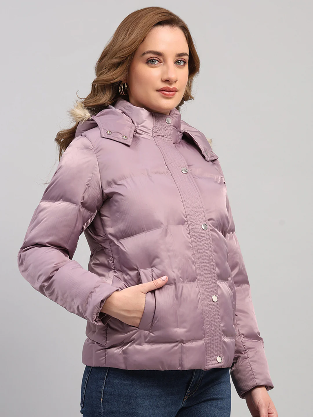 Women Mauve Self Design Hooded Full Sleeve Jacket - Image 4