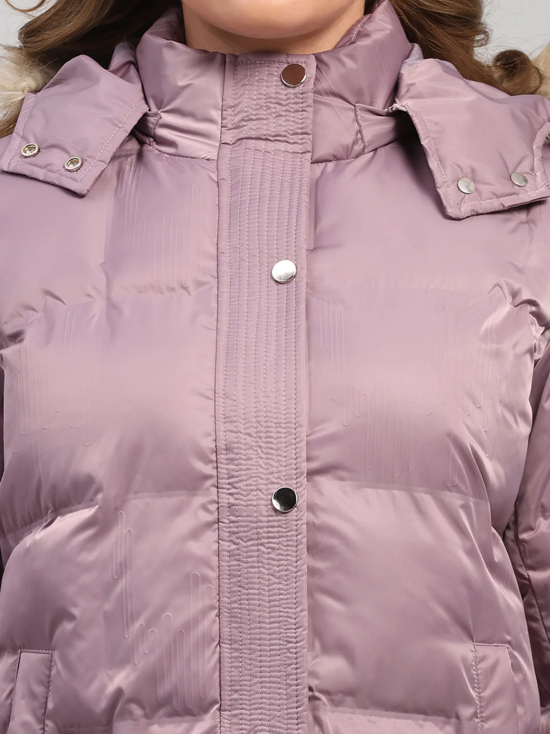 Women Mauve Self Design Hooded Full Sleeve Jacket - Image 6