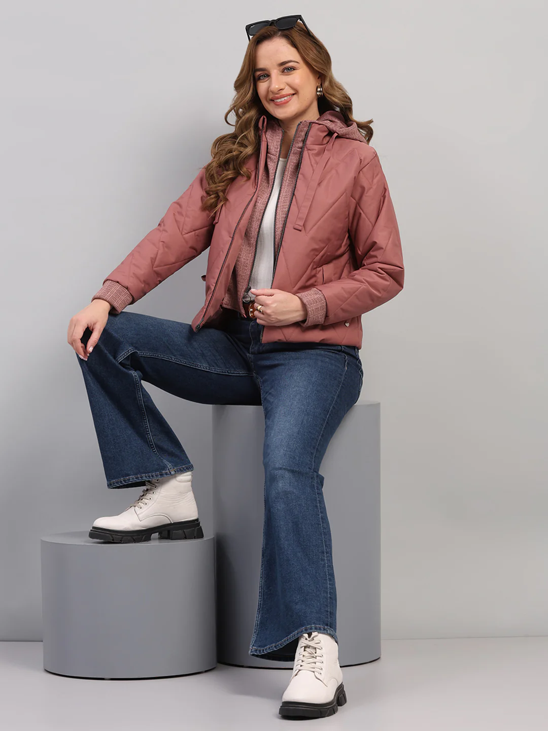 Women Mauve Self Design Hooded Full Sleeve Jacket - Image 2