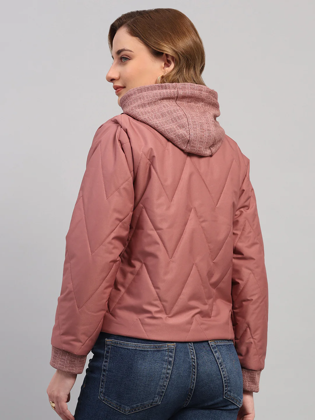 Women Mauve Self Design Hooded Full Sleeve Jacket - Image 5