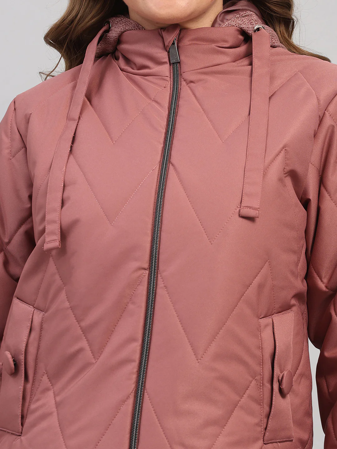 Women Mauve Self Design Hooded Full Sleeve Jacket - Image 7