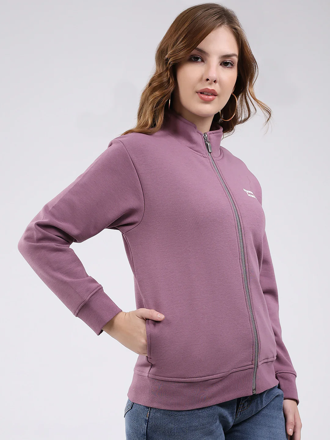 Women Mauve Self Design Mock Neck Full Sleeve Sweatshirt - Image 4
