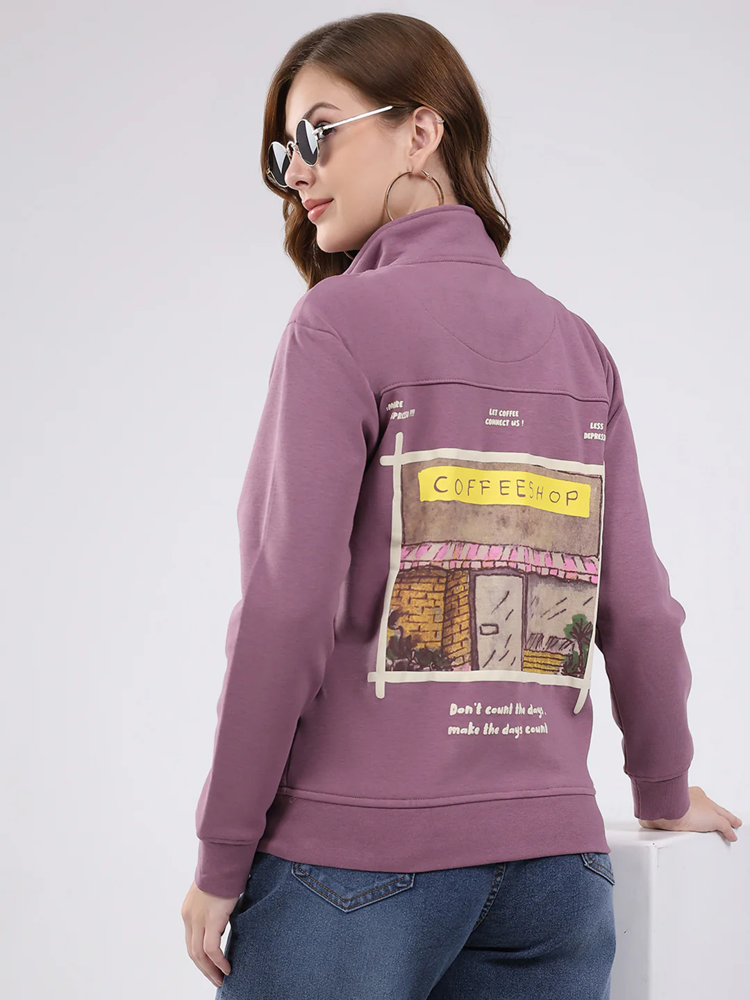 Women Mauve Self Design Mock Neck Full Sleeve Sweatshirt - Image 6
