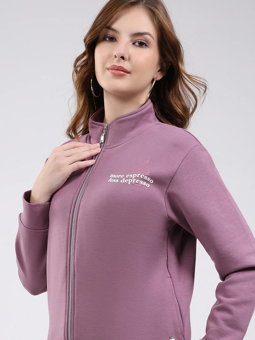 Women Mauve Self Design Mock Neck Full Sleeve Sweatshirt - Image 7