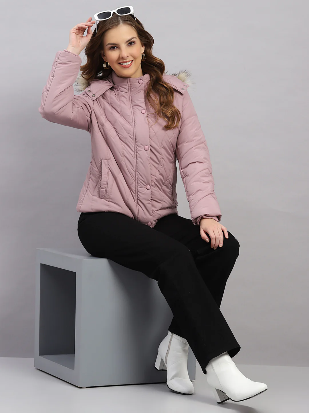 Women Mauve Stripe Hooded Full Sleeve Jacket - Image 2