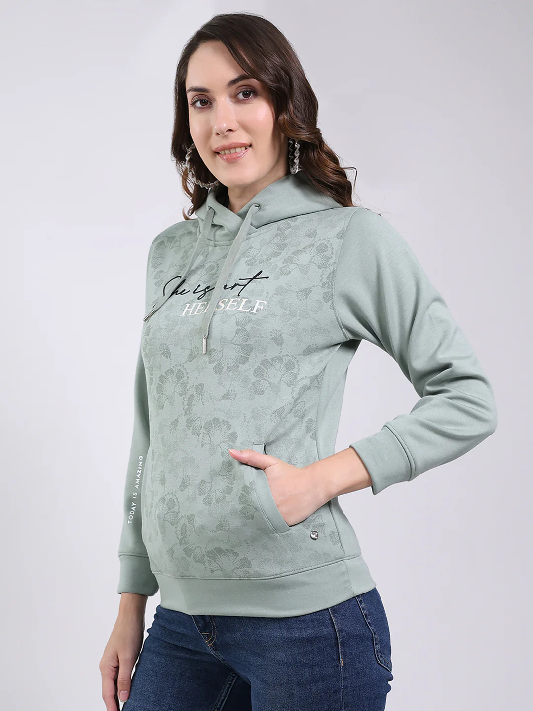 Women Mint Green Printed Hooded Full Sleeve Sweatshirt - Image 3