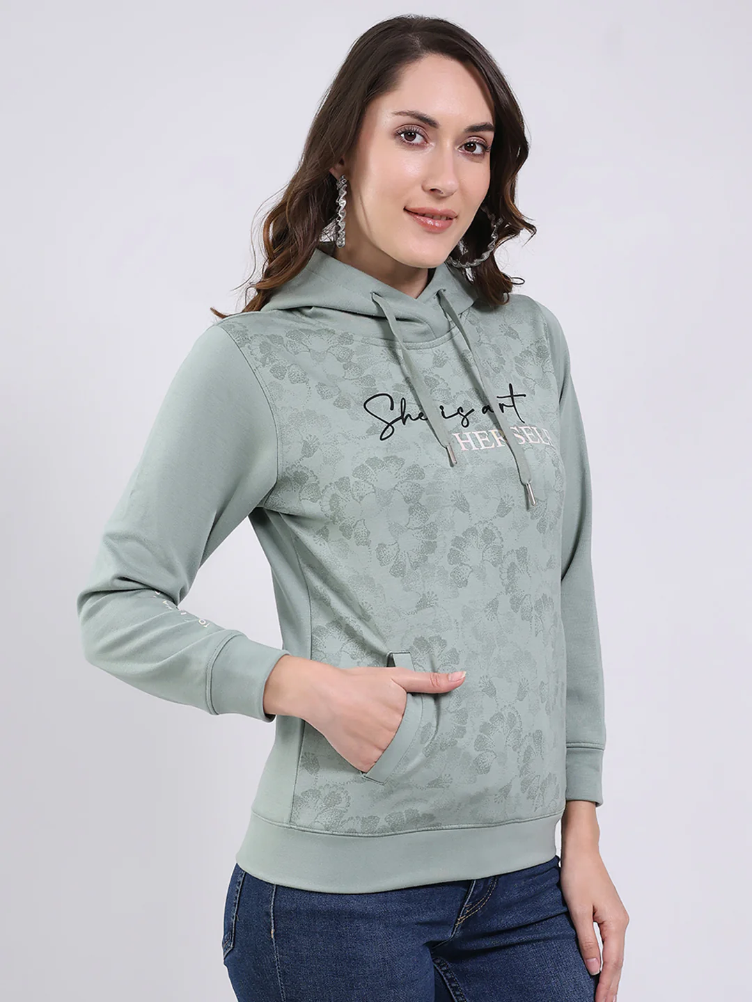 Women Mint Green Printed Hooded Full Sleeve Sweatshirt - Image 4