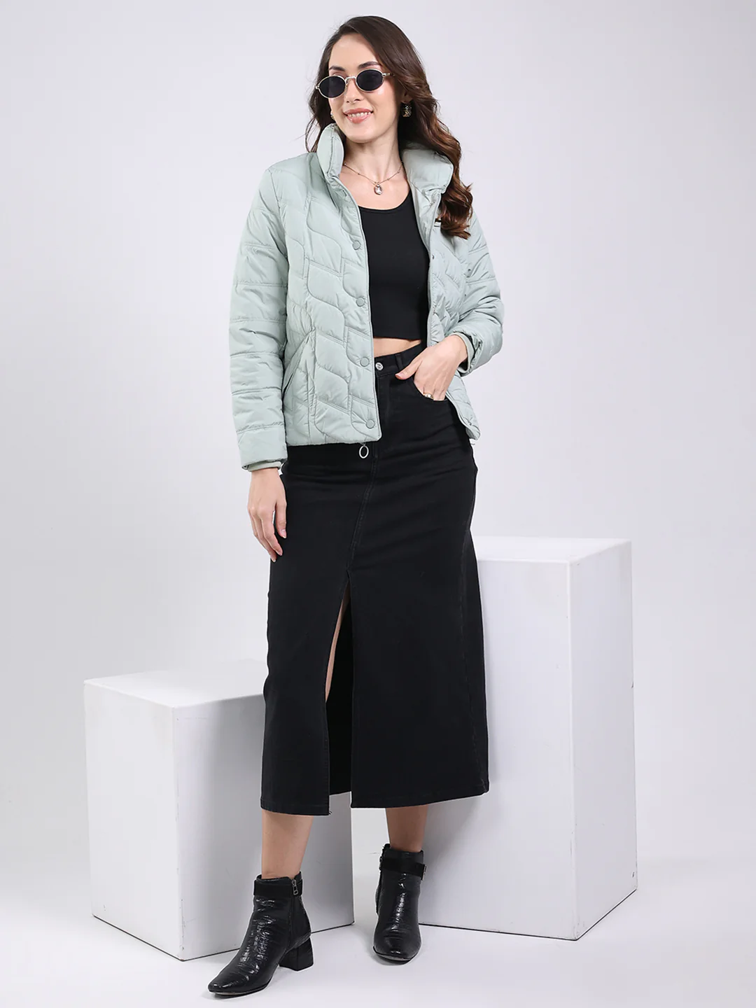 Women Mint Green Solid Mock Neck Full Sleeve Jacket - Image 2