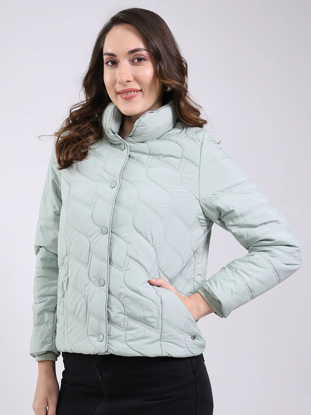 Women Mint Green Solid Mock Neck Full Sleeve Jacket - Image 3