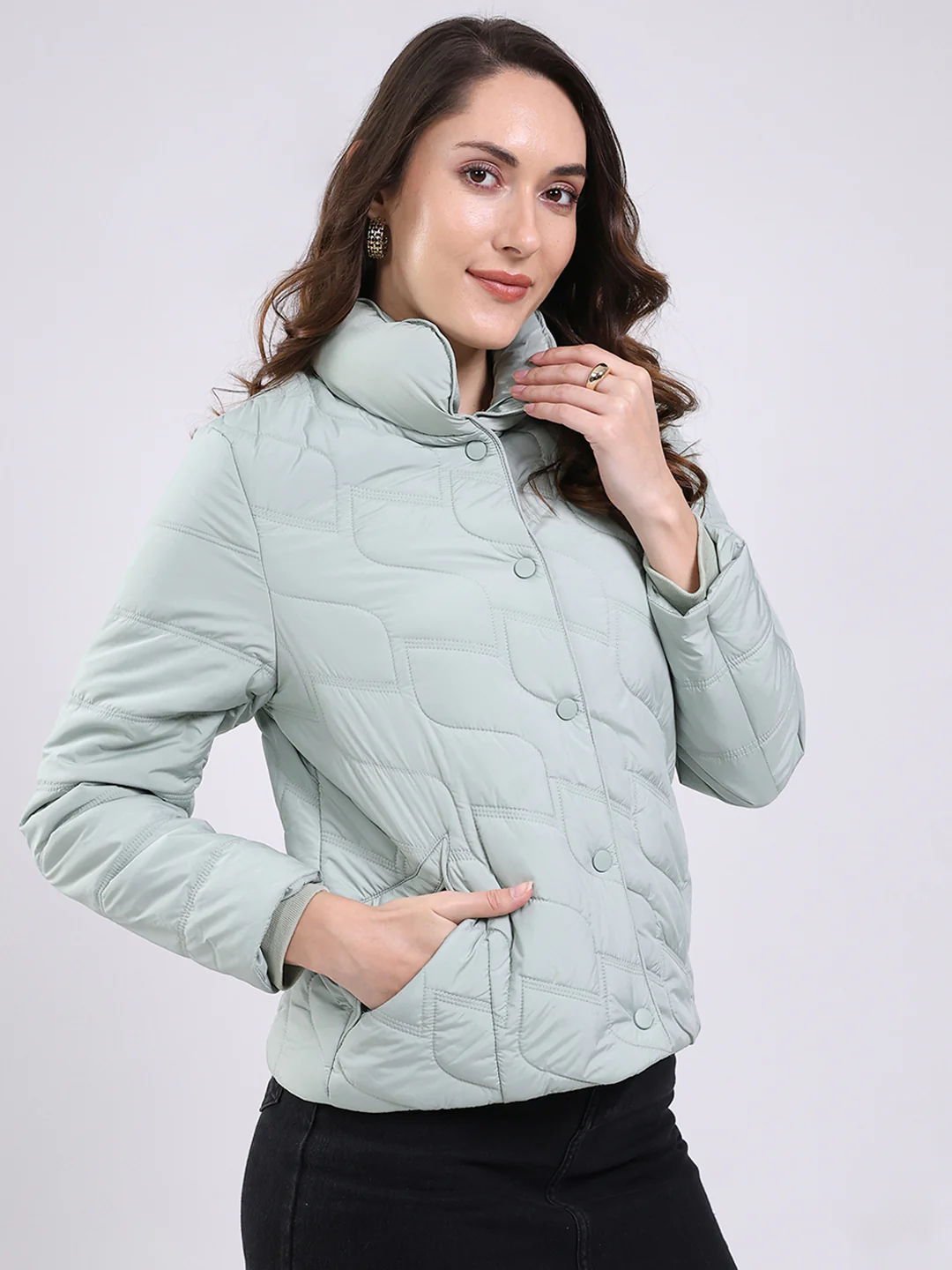 Women Mint Green Solid Mock Neck Full Sleeve Jacket - Image 4