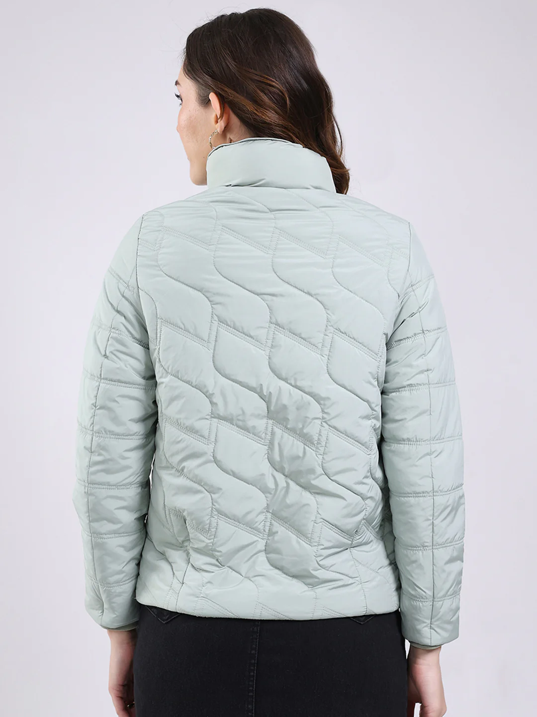 Women Mint Green Solid Mock Neck Full Sleeve Jacket - Image 5