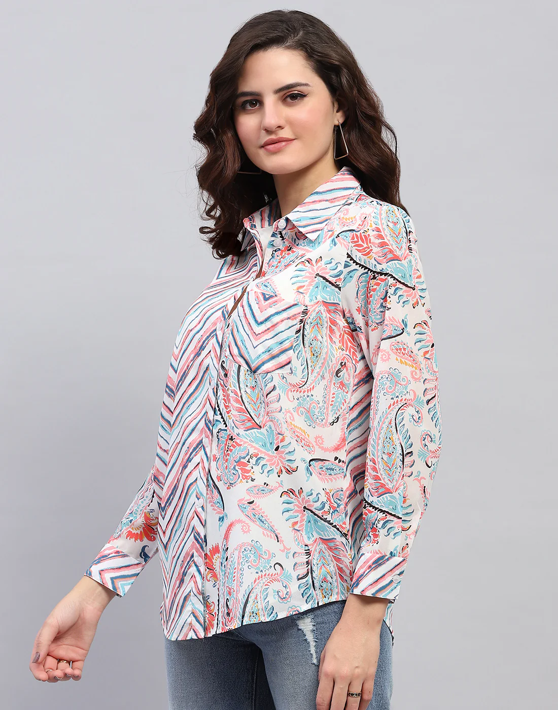 Women Multi Color Printed Front Open Full Sleeve Top - Image 3