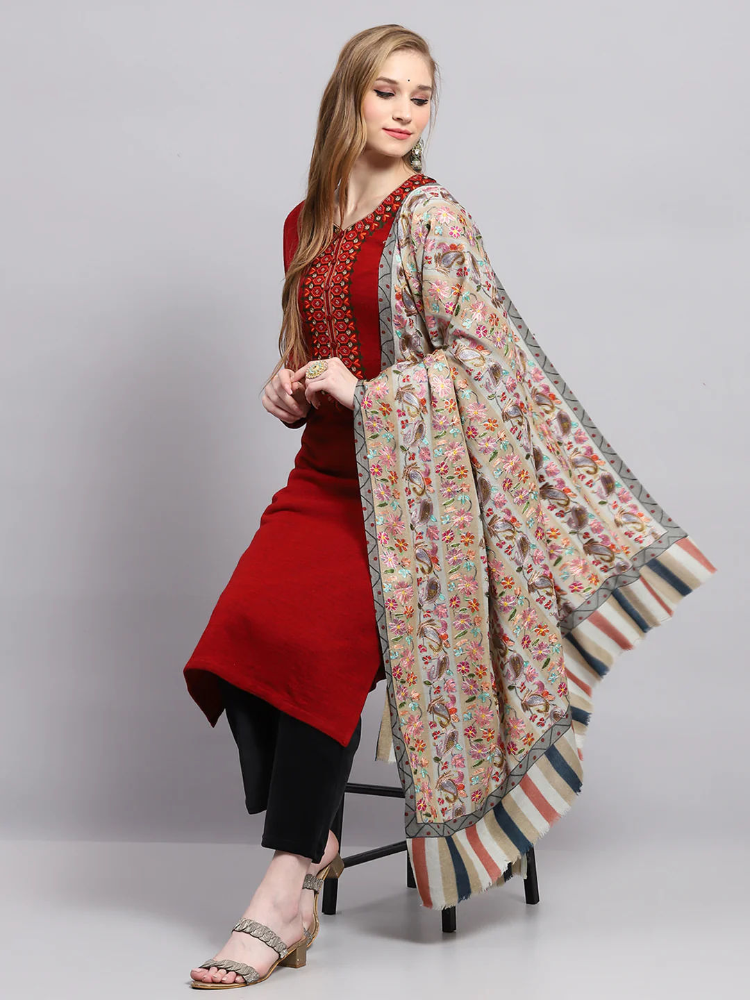 Women Multicolor Embroidered Shawl - Image 5