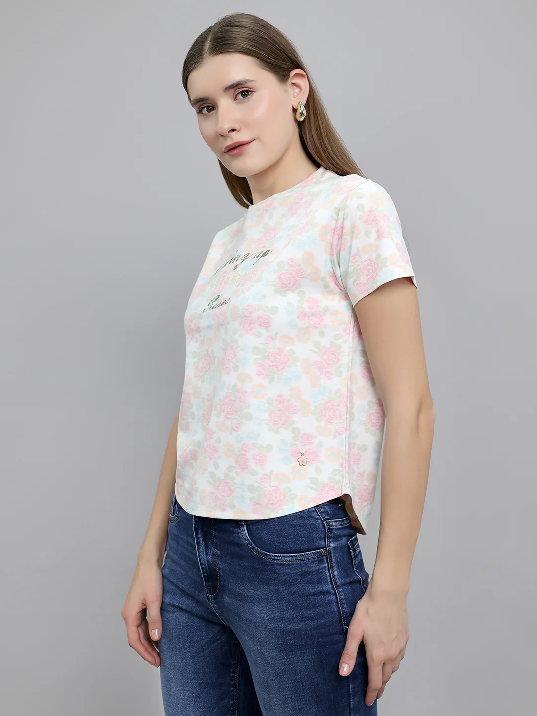 Women Multicolor Floral Print Round Neck Half Sleeve Top - Image 2