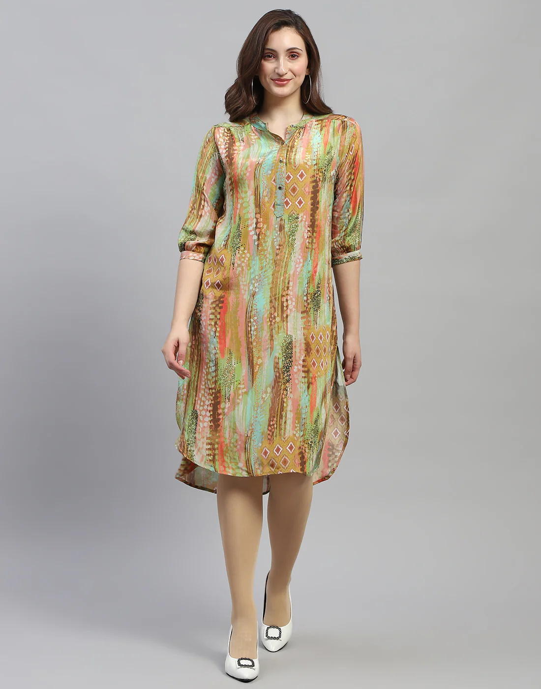 Women Multicolor Printed Band Collar 3/4 Sleeve Dress - Image 3
