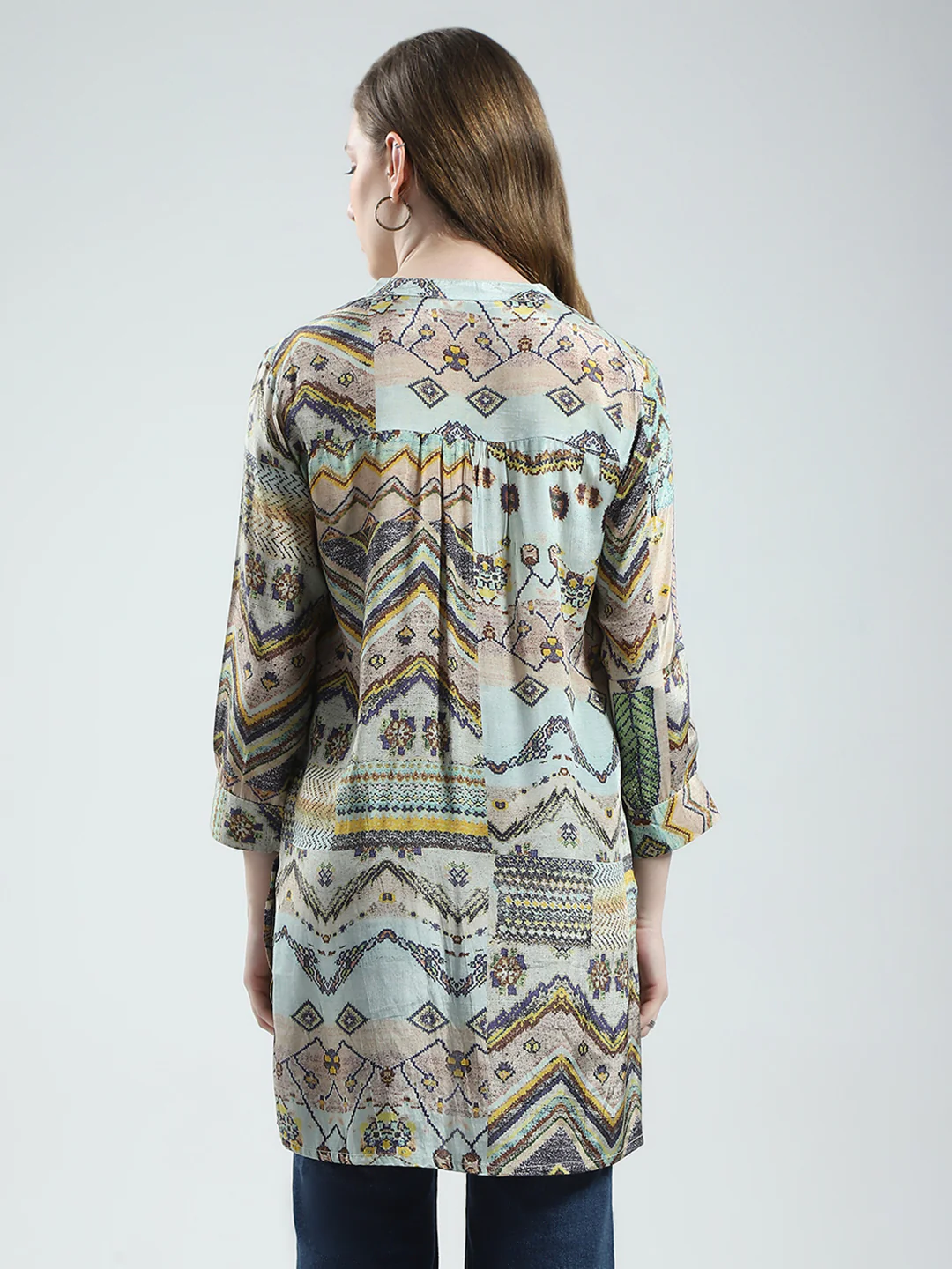 Women Multicolor Printed Band Collar 3/4th Sleeve Tunic - Image 5